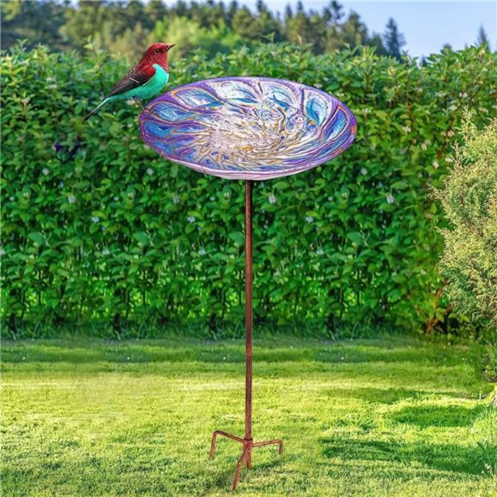 Glass Bird Bath Outdoor BirdBath Garden Bird Feeder with Metal Stake